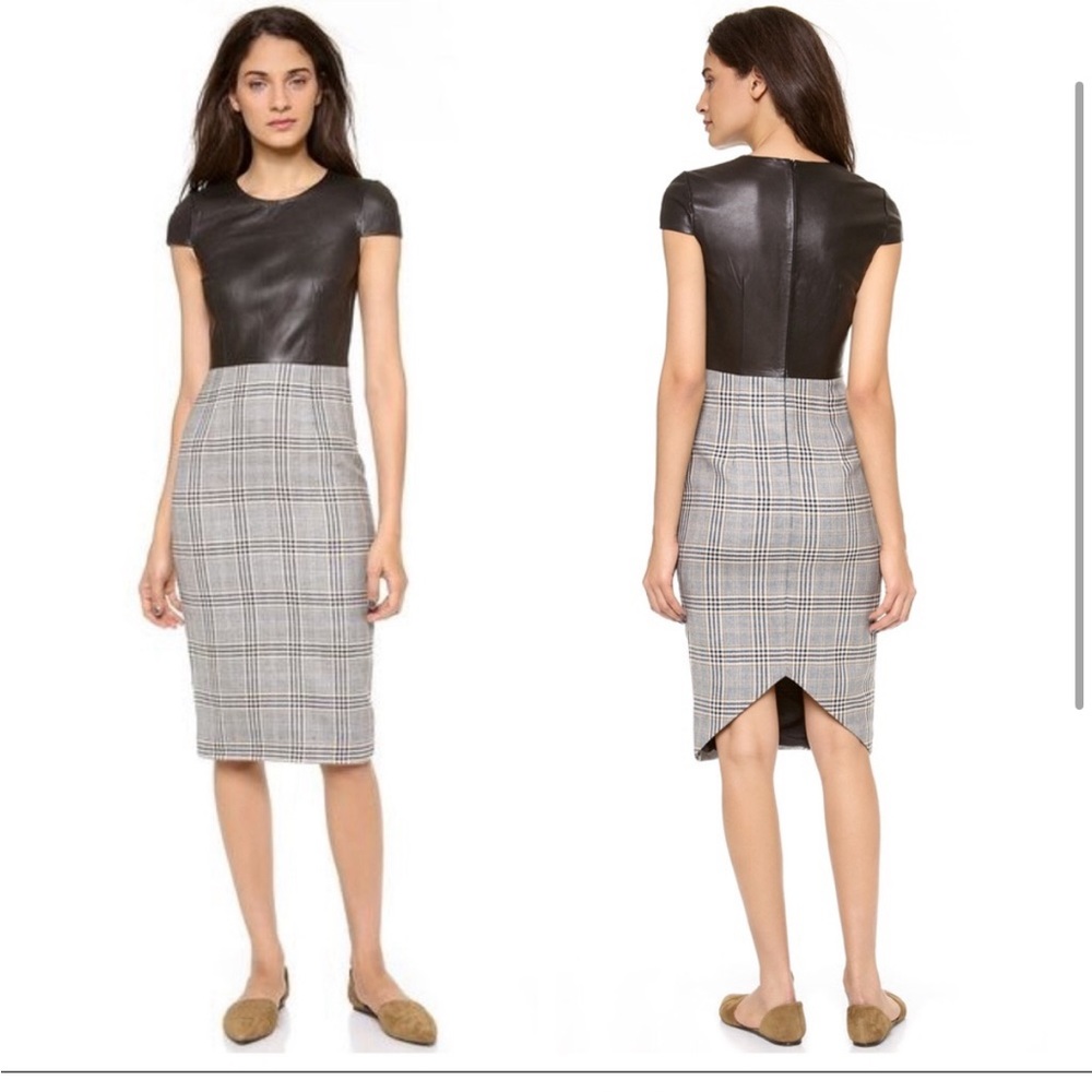 Jenni Kayne Short Sleeve Pencil Dress Black Leather Plaid Wool Size 4